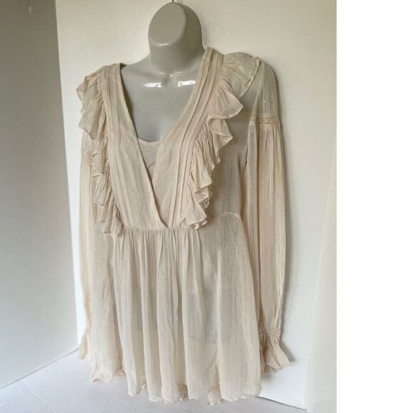 Anthropologie Ruffle Tunic Top Womens Ivory VNeck Long Sleeve Fairycore Metallic - Picture 6 of 12